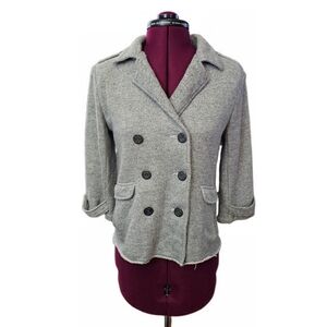 Cabi Heather Gray Knit Shrunken Pea Coat Jacket Anchor Buttons Raw Hem